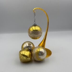 Vintage Shiny Brite Mercury Glass Christmas Ornaments Gold Silver Glitter Set 4